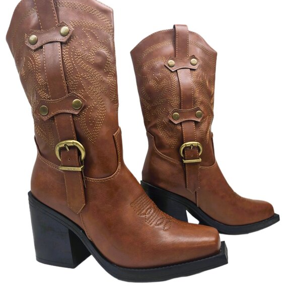Forever Women’s Brown Square Toe Cowboy Boots Size 8M Chunky Heel - Picture 10 of 13